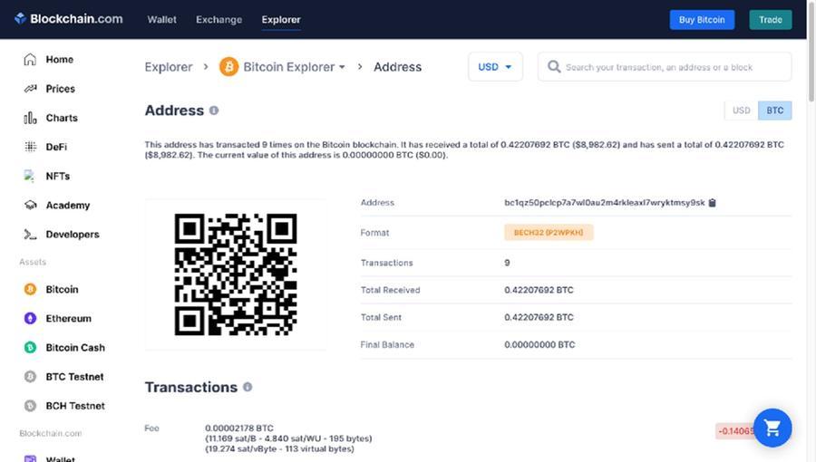 The scammers’ crypto wallet on Bitcoin.com – no trace of 50K BTC