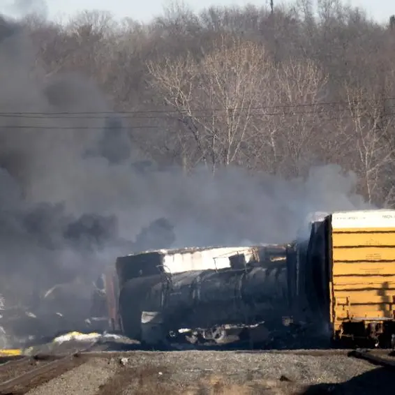US cargo train derails, causing huge fire and leaking hazardous gas