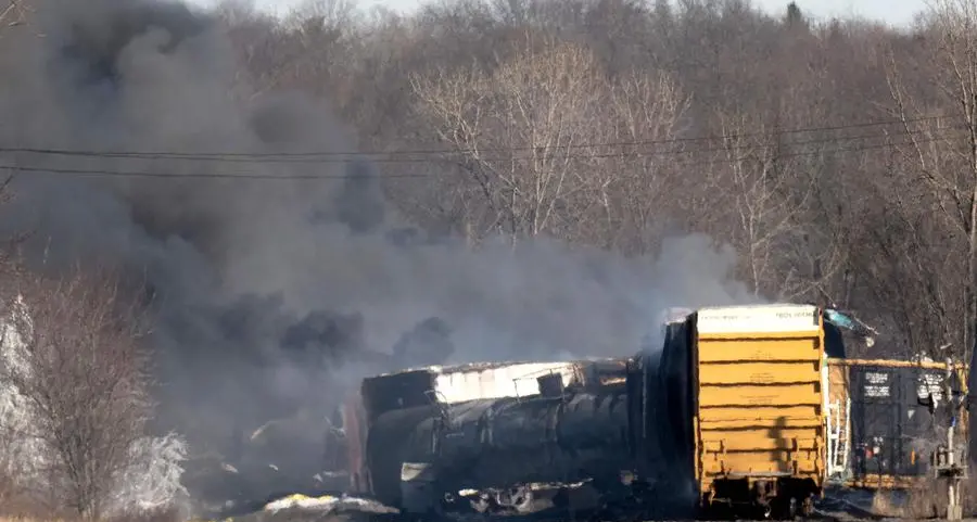 US cargo train derails, causing huge fire and leaking hazardous gas