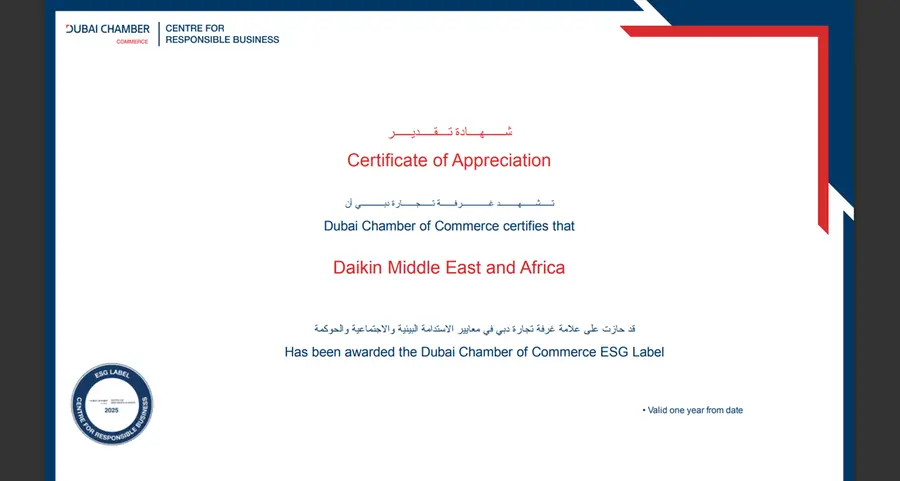 Daikin Middle East and Africa recognized for ESG excellence by Dubai Chamber of Commerce