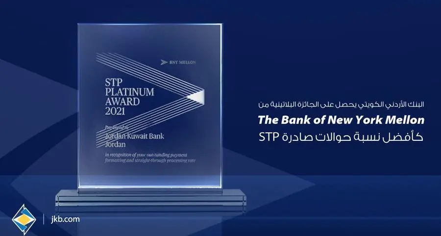 البنك الاردني الكويتي يحصل على الجائزة البلاتينية من Bank of New York Mellon كافضل نسبة حوالات صادرة STP
