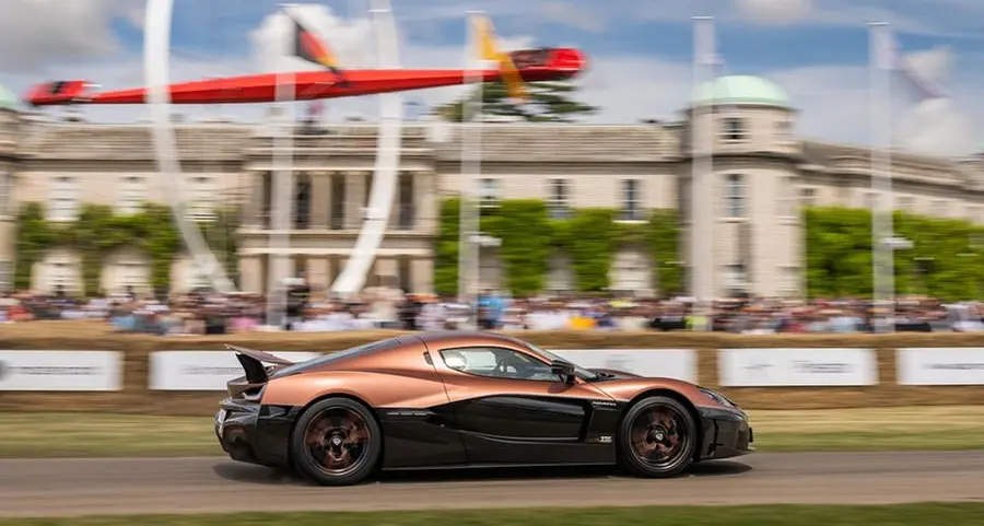 Special edition Rimac Nevera makes pitstop at goodwood festival of speed on its way to the UAE