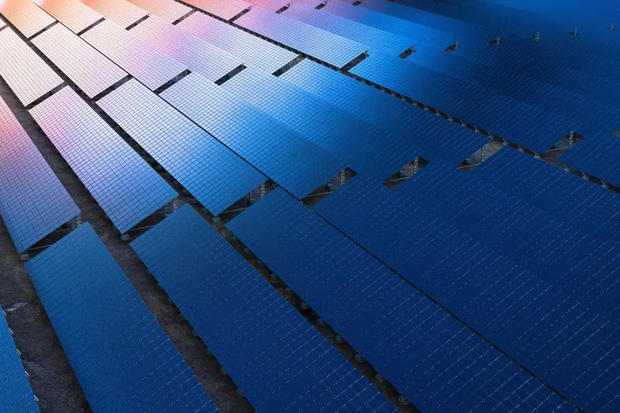 High angle view of rows of solar panels. 3D illustration of source of green energy. Using of renewable resources. Image courtesy: Getty Images/ Osaka Wayne Studios , Getty Images