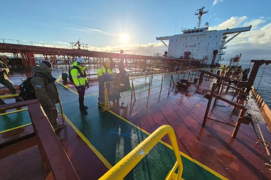 Estonian Navy detains and boards Russia-bound oil tanker in the Baltic Sea off Tallinn, Estonia, April 11, 2025. Estonian Police And Border Guard/Handout via REUTERS.