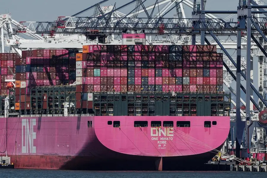 FILE PHOTO: Containers are stacked on the deck of cargo ship One Minato at Port Liberty New York in Staten Island, New York, U.S., April 2, 2025. REUTERS/Jeenah Moon. , Reuters