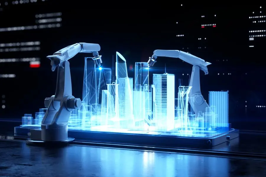 Digital generated image of collaboration of two robotic arms working together and making glowing city hologram on black background. Image used for illustrative purpose. Image courtesy: Getty Images/ Andriy Onufriyenko , Getty Images