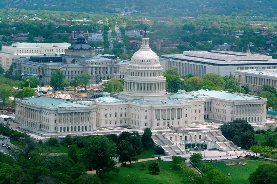 FILE PHOTO: View of U.S. Capitol Building looking at West steps from a helicopter over Capitol Hill, April 27, 2004. REUTERS. , Reuters
