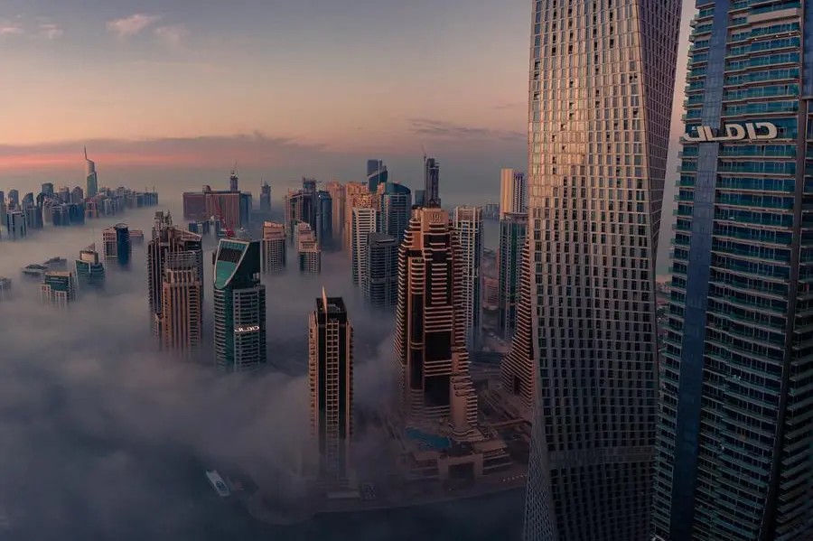 DUBAI,UAE - FEBRUARY 15: An Aerial View of the Dubai Skyline during Foggy Morning taken on 15.02.2021 in Dubai, United Arab Emirates. Image used for illustrative purpose. Getty Images , Getty Images