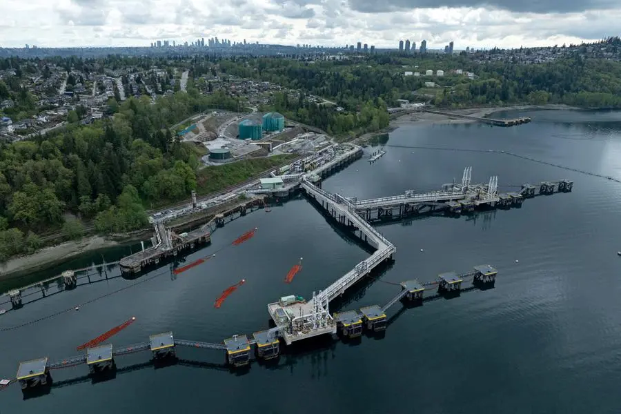 FILE PHOTO: A drone view of three berths able to load vessels with oil is seen after their construction at Westridge Marine Terminal, the terminus of the Canadian government-owned Trans Mountain pipeline expansion project in Burnaby, British Columbia, Canada, April 26, 2024. REUTERS/Chris Helgren. , Reuters