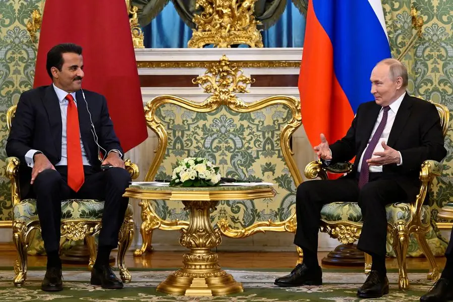 Russia\\'s President Vladimir Putin attends a meeting with Qatar\\'s Emir, Sheikh Tamim bin Hamad Al Thani at the Kremlin in Moscow, Russia, April 17, 2025. Alexander Nemenov/Pool via REUTERS.