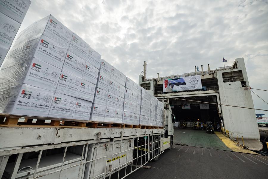 Mohammed Bin Rashid Humanitarian Ship loaded with over 10 million meals for Gaza at Khalifa Port