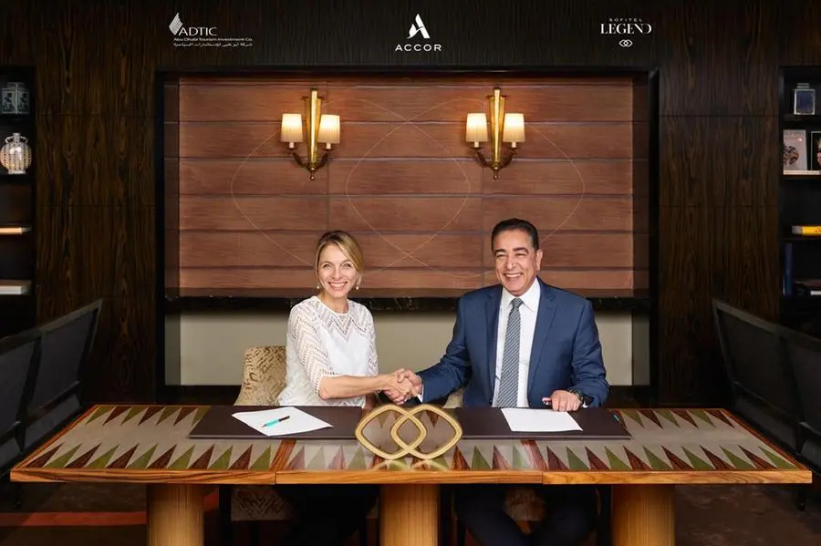 Maud Bailly, CEO of Sofitel, MGallery & Emblems, Accor and ADTIC CEO Yahia Kotub at the agreement signing ceremony.