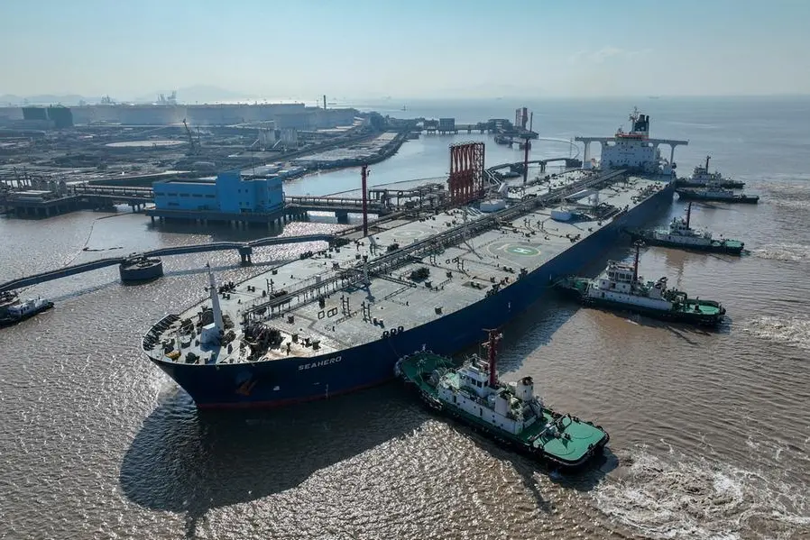 FILE PHOTO: An aerial view shows a crude oil tanker at an oil terminal off Waidiao island in Zhoushan, Zhejiang province, China January 4, 2023. China Daily via REUTERS.