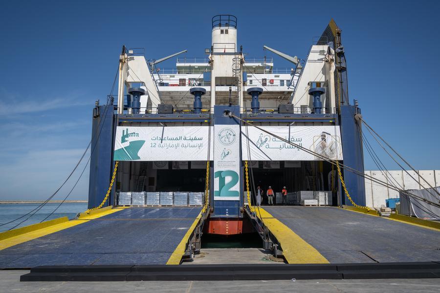 Saqr Humanitarian Ship arrives at Al Arish Port carrying UAE aid for Gaza