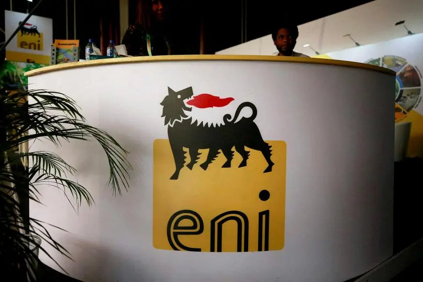 FILE PHOTO: The logo of Italian energy company Eni is seen on a booth stand during the Nigeria International Petroleum Summit in Abuja, Nigeria February 11, 2020. REUTERS/Afolabi Sotunde. , Reuters