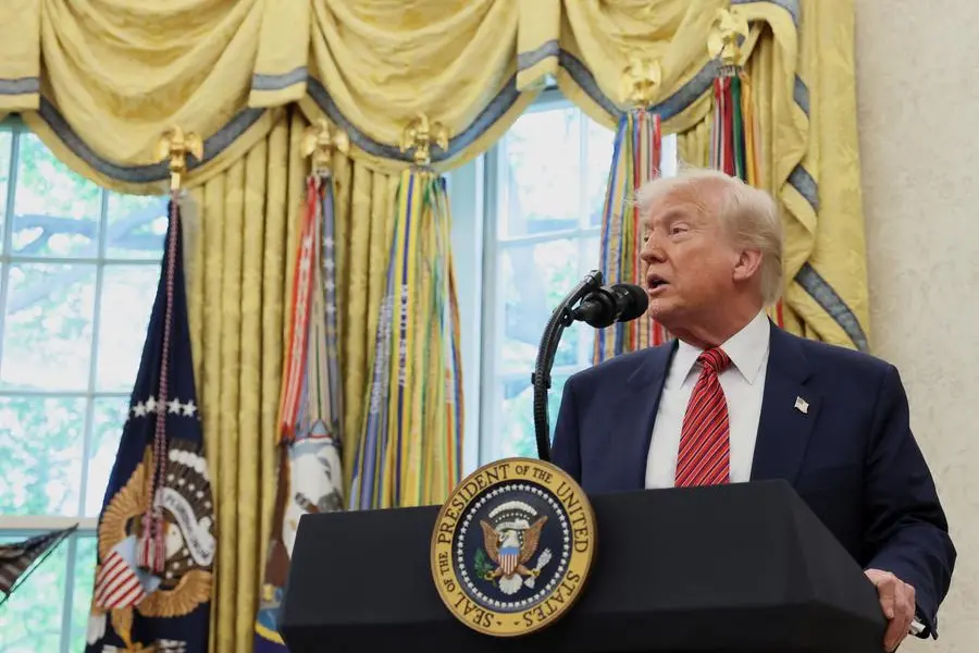 U.S. President Donald Trump takes questions from the media following former U.S. Senator David Perdue\\'s swearing-in ceremony to be the new U.S. ambassador to China, at the White House in Washington, D.C., U.S., May 7, 2025. REUTERS/Leah Millis. , Reuters