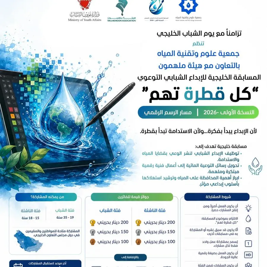 جمعية علوم وتقنية المياه الخليجية تطلق مسابقة نوعية للرسم الرقمي بالشراكة مع هيئة ملهمون الشبابية لتعزيز ثقافة ترشيد استهلاك المياه