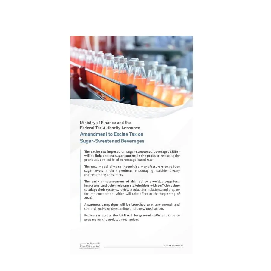 Ministry of Finance and Federal Tax Authority announce amendment to excise tax on sugar sweetened beverages through introduction of a tiered volumetric model