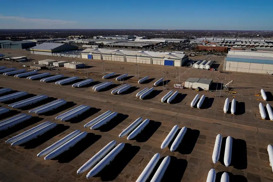FILE PHOTO: Airplane fuselages bound for Boeing\\'s 737 Max production facility await shipment at Spirit AeroSystems headquarters in Wichita, Kansas, U.S. December 10, 2024. REUTERS/Nick Oxford. , Reuters