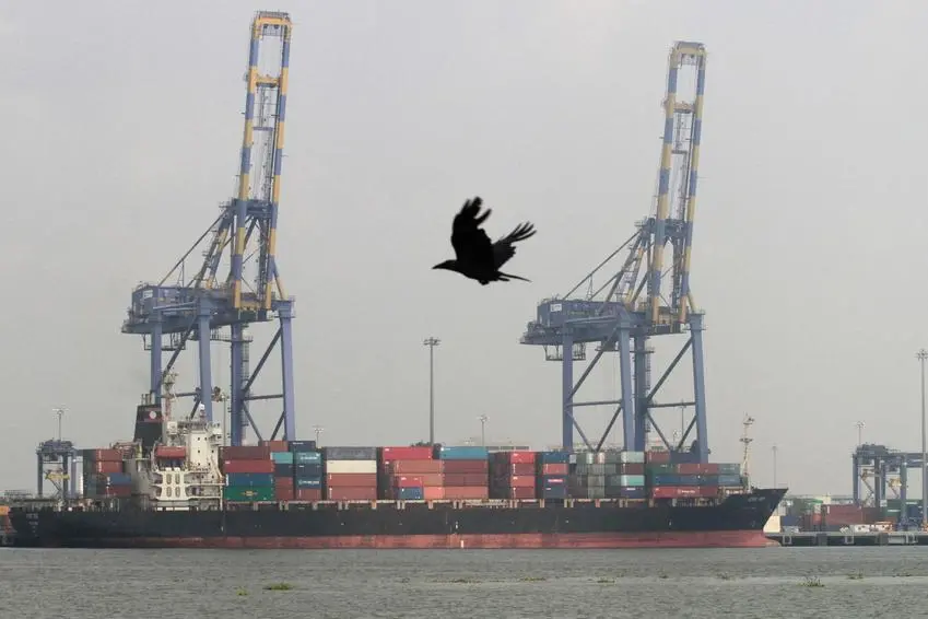 FILE PHOTO: A crow flies past a container ship docked at a port in Vallarpadam in the southern Indian city of Kochi December 11, 2013. , Reuters