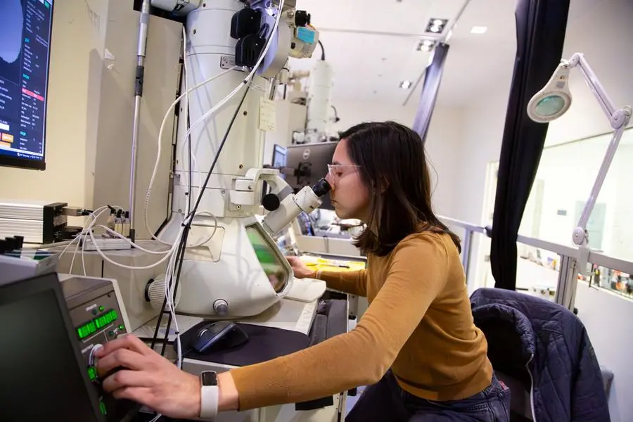 Researcher Kim Gruver looks at tissue samples in the electron microscopy lab at the Allen Institute in Seattle, U.S., in this photograph released on April 9, 2025. Allen Institute/Handout via REUTERS. Image used for illustrative purpose.