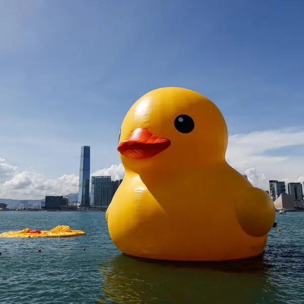 One of two giant rubber ducks in Hong Kong harbour deflates
