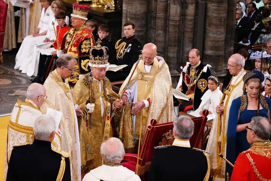 King Charles III wearing St Edward's Crown during his coronation ceremony in Westminster Abbey, London. Picture date: Saturday May 6, 2023.   Yui Mok/Pool via REUTERS