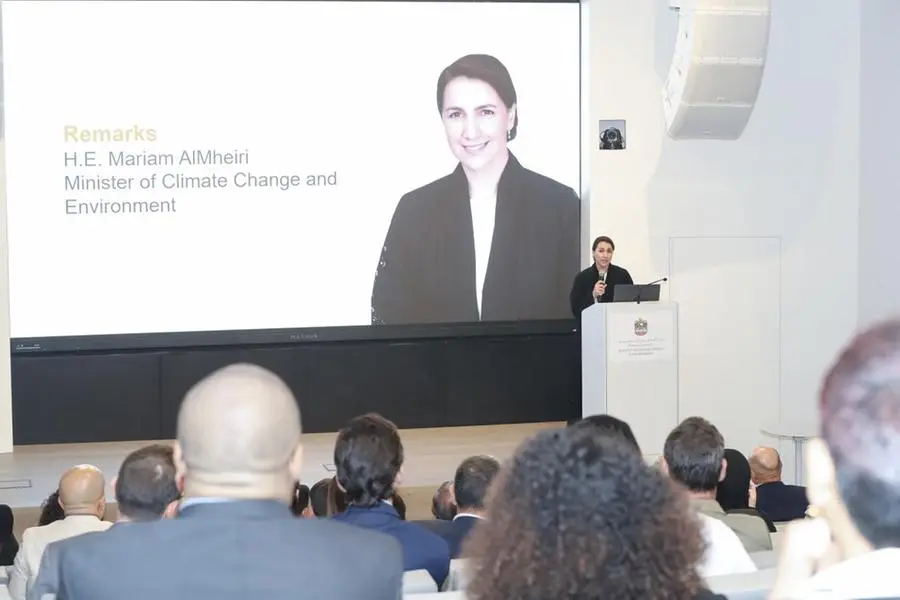 Her Excellency Mariam bint Mohammed Almheiri, Minister of Climate Change and Environment speaking at the forum. Image Courtesy: Ministry of Climate Change and Environment, United Arab Emirates