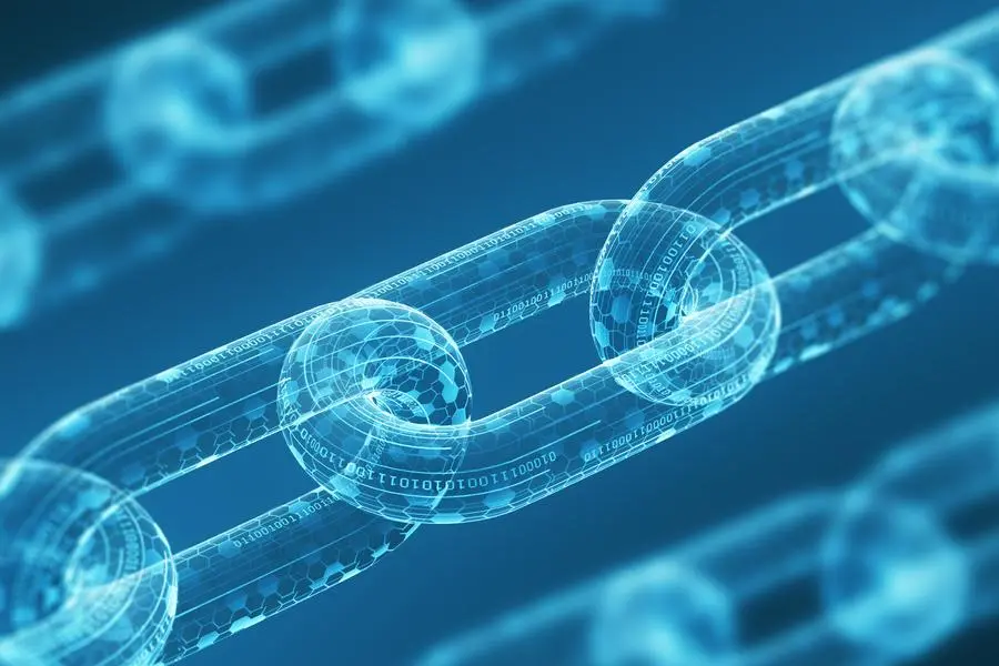 Three diagonal digital chains on a blue background. Blockchain technology concept. Mining and cryptocurrency. Close up. 3d rendering, Source: Getty Images/iStockphoto