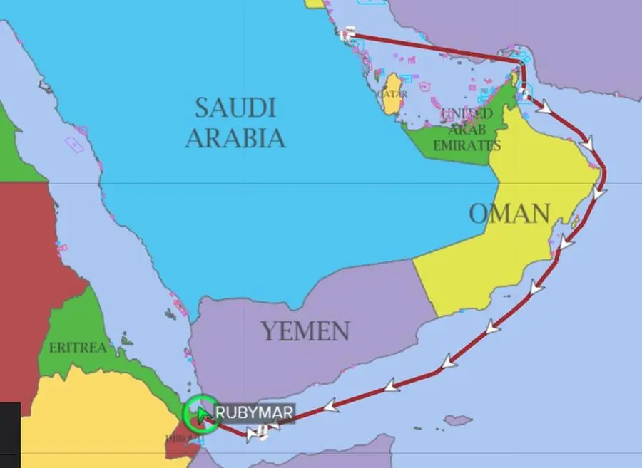 The path of the stricken Rubymar. Image courtesy: LSEG Oil & Shipping Research