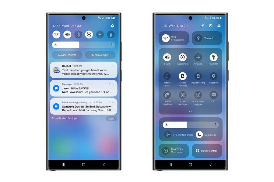 Samsung\\u2019s One UI 6 Beta Quick Panel on Galaxy S23. Image Courtesy: Samsung