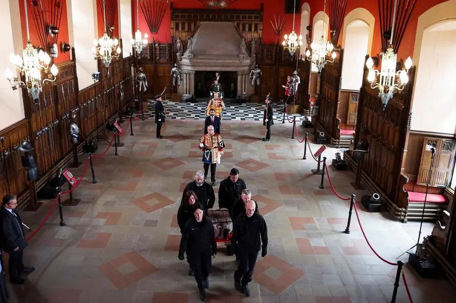 ATTENTION EDITORS - PICTURE EMBARGOED TO 0600 GMT FRIDAY APRIL 28, 2023 The Stone of Destiny is carried out of the Great Hall in Edinburgh Castle before onward transportation to Westminster Abbey for the Coronation of King Charles III, in Edinburgh, Scotland, Britain April 27, 2023. REUTERS/Russell Cheyne/Pool , Reuters/REUTERS