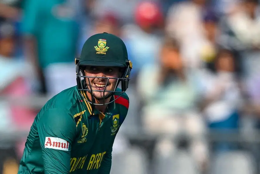 South Africa\\'s Quinton de Kock gestures during the 2023 ICC Men\\'s Cricket World Cup one-day international (ODI) match between South Africa and Bangladesh at the Wankhede Stadium in Mumbai on October 24, 2023. (Photo by INDRANIL MUKHERJEE / AFP)