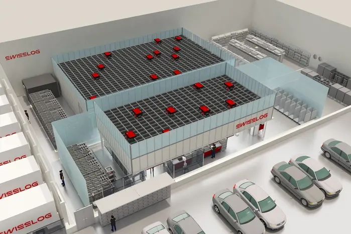 Swisslog MFC Solution E-Grocery AutoStore 3D rendering. Image Courtesy: Swisslog