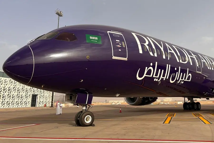 The first liveried Riyadh Air Boeing 787-9 Dreamliner is unveiled during a ceremony at the King Khaled International Airport in Riyadh, on June 12, 2023. (Photo by Rania SANJAR / AFP) , Agence France-Presse (AFP)/AFP