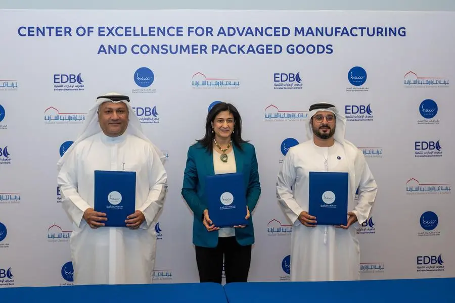 <p>From left to right: H.E. Mohamed Al Awadhi, Director General of SCCI; H.E. Najla Ahmed Al Midfa, CEO of Sharjah Entrepreneurship Center (Sheraa); and H.E. Ahmed Mohamed Al Naqbi, CEO of Emirates Development Bank during a group signing of the new strategic partnership to launch the CoE for Advanced Manufacturing and CPG.</p>\\n