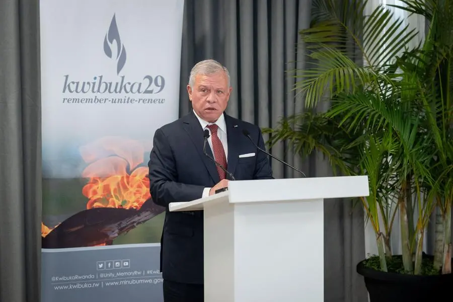 Jordan\\'s King Abdullah II speaks during his visit to the Kigali Genocide Memorial in Kigali, Rwanda, in this handout picture released on January 8, 2024. Royal Hashemite Court/Handout via Reuters ATTENTION EDITORS - THIS IMAGE HAS BEEN SUPPLIED BY A THIRD PARTY. NO RESALES. NO ARCHIVES , via REUTERS