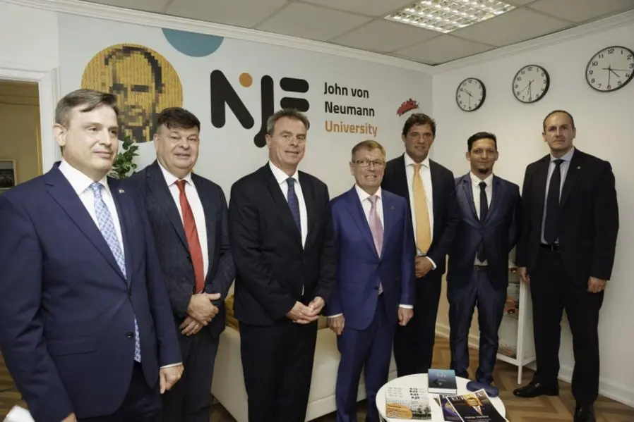 <p>From L to R: - Dr. K&aacute;roly Benes - Ambassador of Hungary to UAE; Dr. Zolt&aacute;n Nagy - CEO John von Neumann University; Mr. Szabolcs Szemerey - Strategic Director, John von Neumann University Foundation; Mr. Gy&ouml;rgy Matolcsy - Governor of the Central Bank of Hungary;&nbsp; Dr. Norbert Csizmadia - President of the board of trustees of John von Neumann University; Mr. Habib Kohi - Head of International Department John von Neumann University; Mr. Bal&aacute;zs Gerstl - senior manager of the Central Bank of Hungary</p>\\n