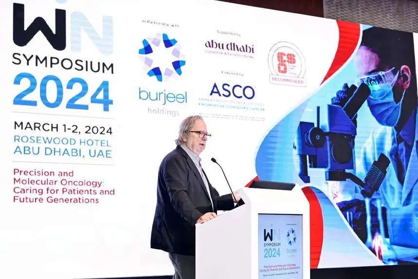 <p>Nobel Laureate Professor James Allison delivering the keynote lecture at the WIN Symposium 2024 in Abu Dhabi</p>\\n