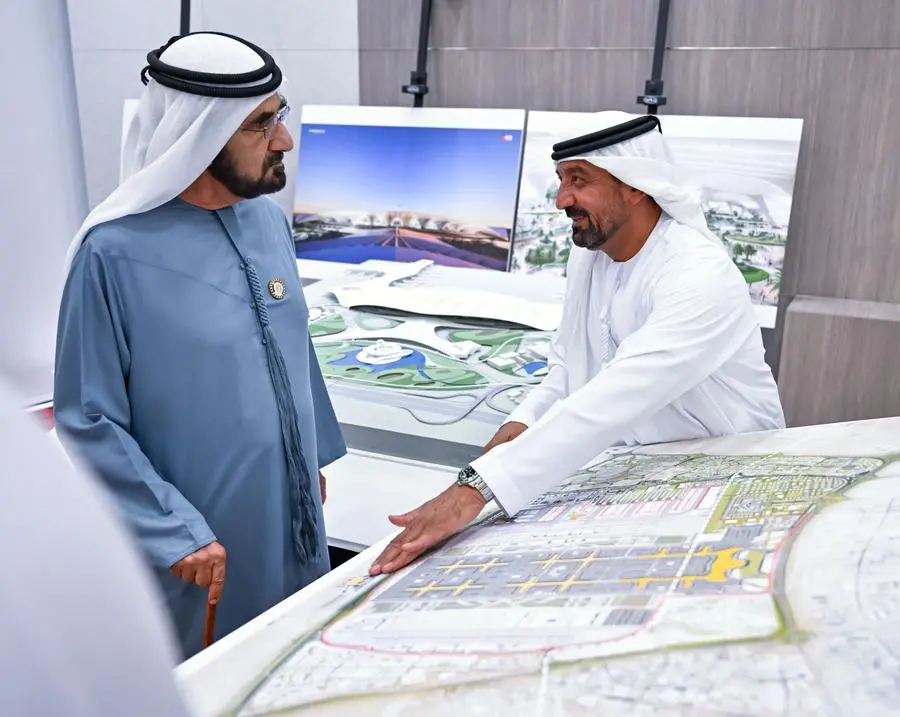 His Highness Sheikh Mohammed bin Rashid Al Maktoum, Vice President, Prime Minister and Ruler of Dubai reviews the strategic plan of the Dubai Aviation Engineering Projects and approves designs for the new passenger terminal at Al Maktoum International Airport, which will be the largest in the world when fully operational. Set to be built at a cost of AED128 billion, the new terminal will ultimately enable the airport to handle a passenger capacity of 260 million annually. Image courtesy Dubai Media Office Twitter handle.