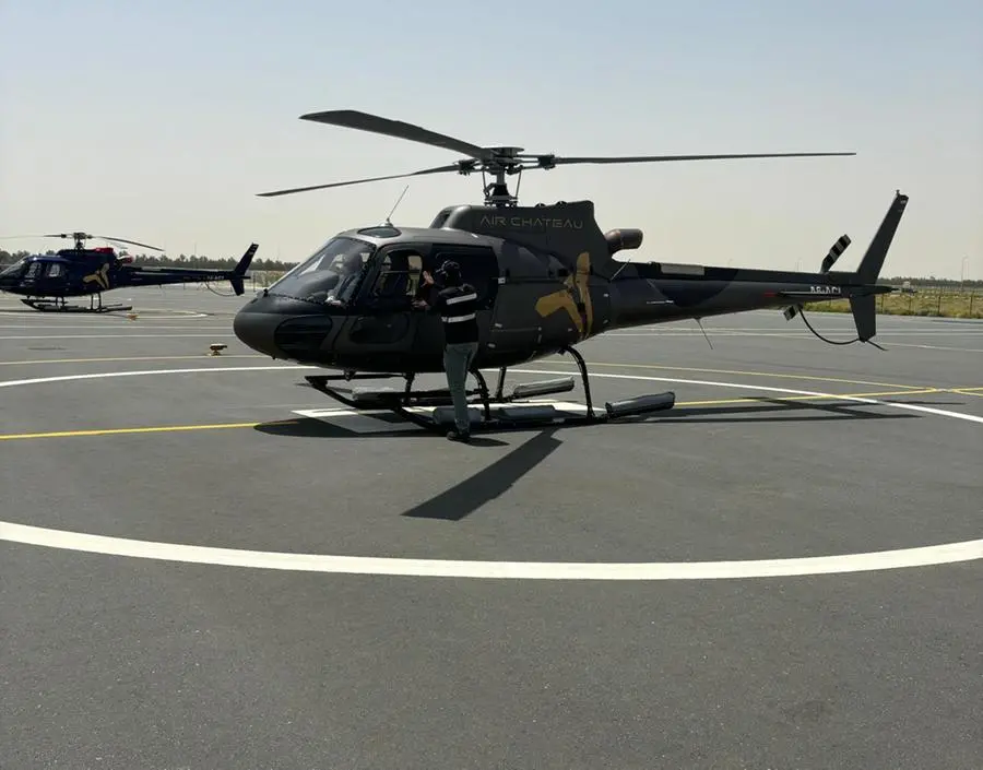 An Air Chateau helicopter parked at the Dubai Helipark. Image by Bindu Rai