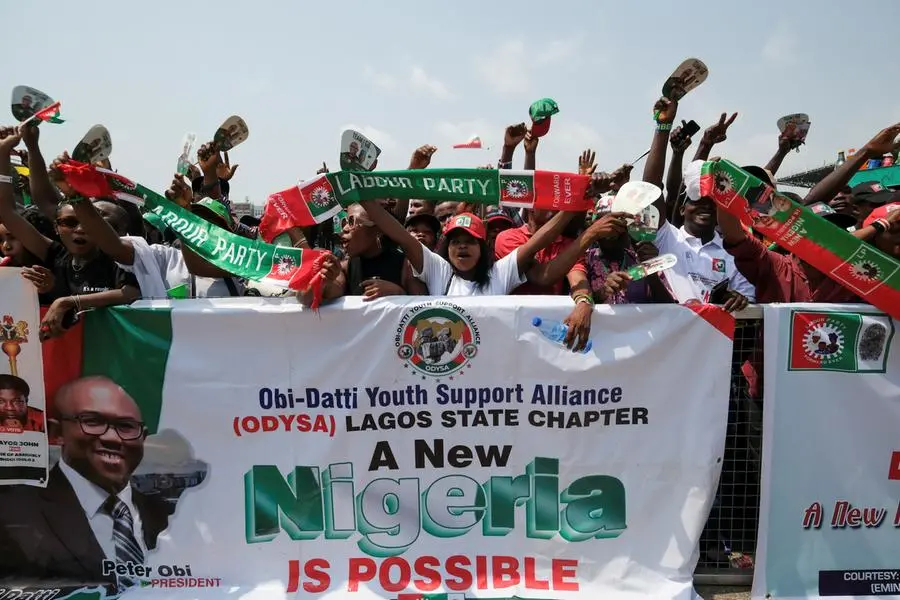 Supporters of Labour party\\'s presidential candidate, Peter Obi attend a campaign rally, ahead of the Nigerian presidential election in Lagos, Nigeria, February 11, 2023. REUTERS/ Nyancho Nwanri , Reuters