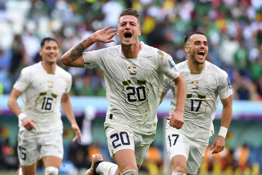 Dusan Tadic of SerbiaNemanja Maksimovic of Serbia during the FIFA World Cup  Qatar 2022 match, Group G, between Cameroon and Serbia played at Al Janoub  Stadium on Nov 28, 2022 in Al