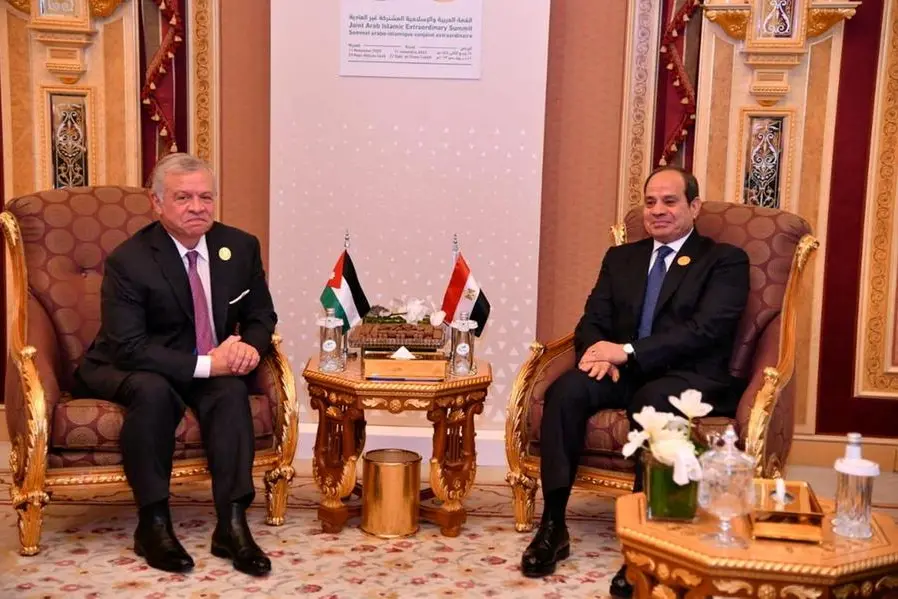 Egyptian President Abdel Fattah al-Sisi meets with Jordan\\'s King Abdullah II during the Organisation of Islamic Cooperation (OIC) summit in Riyadh, Saudi Arabia, November 11, 2023. The Egyptian Presidency/Handout via REUTERS