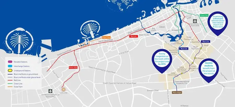 The Dubai Metro Blue Line will have 14 stations and 28 trains. There will be nine elevated stations and five underground stations.