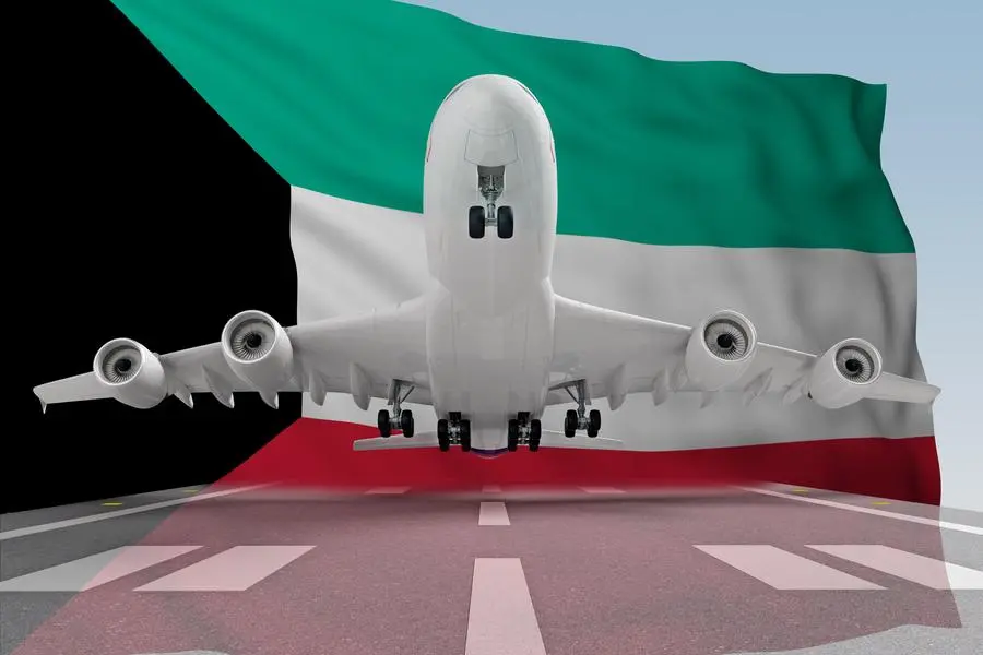 Airplane takes off against backdrop Kuwait flag. Getty Images Image used for illustrative purpose.