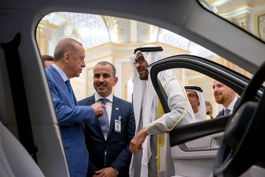 President Erdogan presents UAE President with Turkish-made electric car. Image courtesy WAM.