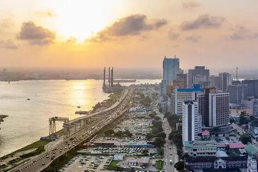 A panorama shot of a Landscape showing the coastline of Lagos Island, Nigeria at sunset, the Atlantic and a rig. Image used for illustrative purpose. Getty Images