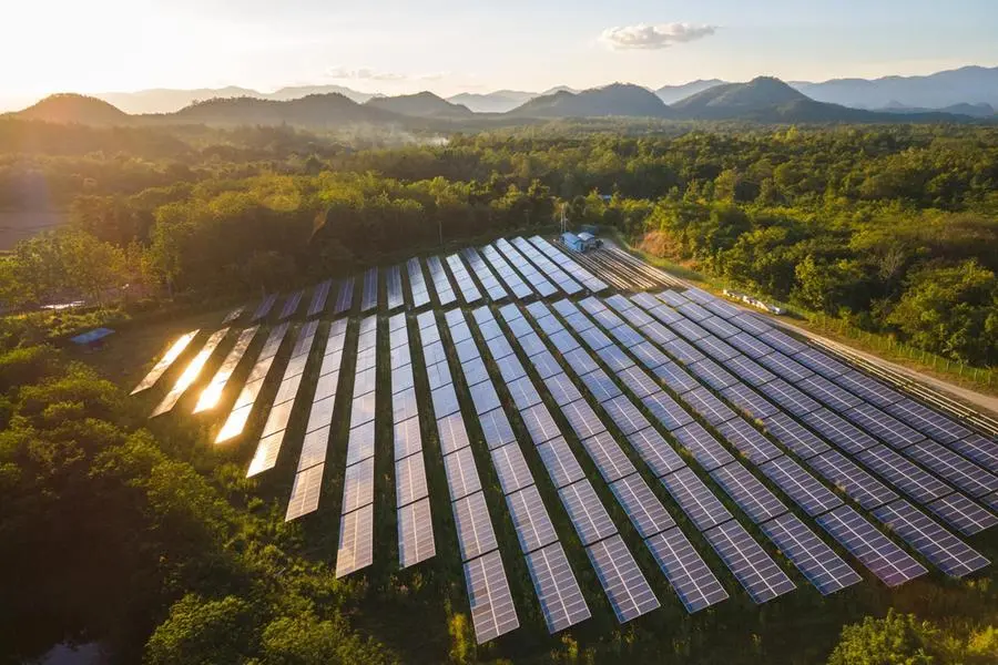 Aerial view of solar power station and solar energy panels. Image used for illustrative purpose. , Getty Images