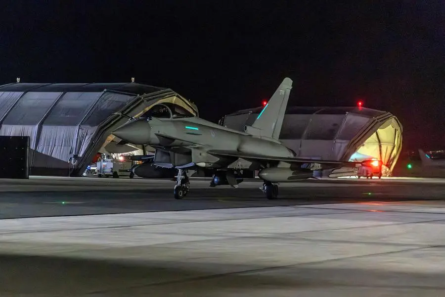 RAF Typhoon aircraft returns to RAF Akrotiri after striking military targets in Yemen during the U.S.-led coalition operation, aimed at the Iran-backed Houthi militia that has been targeting international shipping in the Red Sea, in Cyprus, in this handout picture released on January 12, 2024. Sgt Lee Goddard/UK MOD/Handout via REUTERS